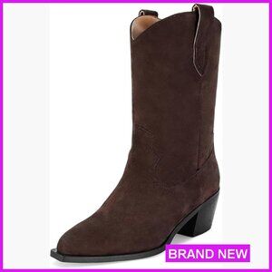 Suede Cowboy Boots Pointed Toe Mid-Calf Western Boots Chunky Heel Pull On